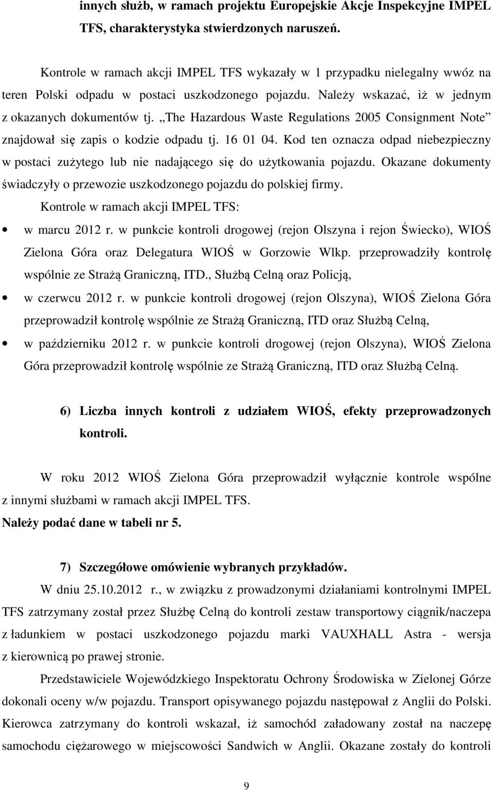 The Hazardous Waste Regulations 2005 Consignment Note znajdował się zapis o kodzie odpadu tj. 16 01 04.