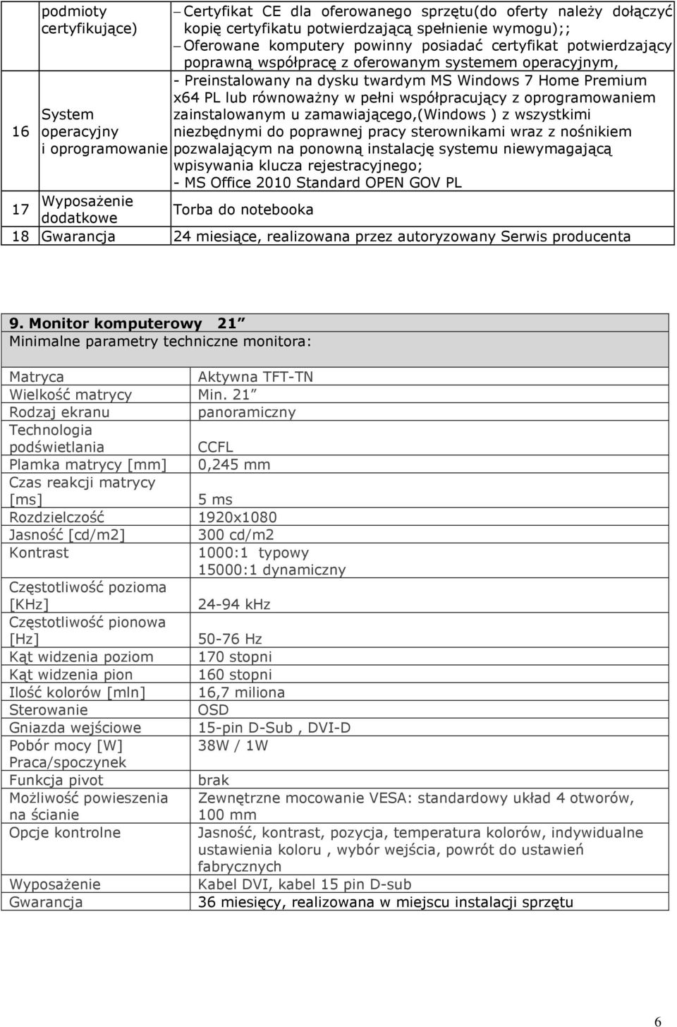 Standard OPEN GOV PL 17 WyposaŜenie Torba do notebooka dodatkowe 18 24 miesiące, realizowana przez autoryzowany Serwis producenta 9.