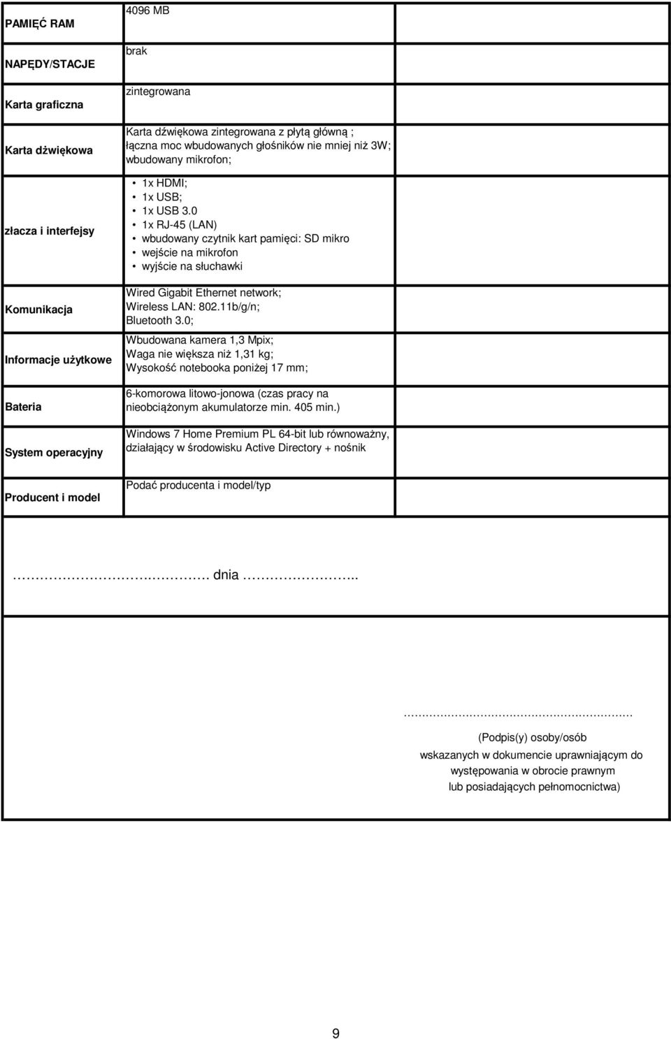 0; Wbudowana kamera 1,3 Mpix; Waga nie większa niż 1,31 kg; Wysokość notebooka poniżej 17 mm; 6-komorowa litowo-jonowa (czas pracy na nieobciążonym akumulatorze min. 405 min.