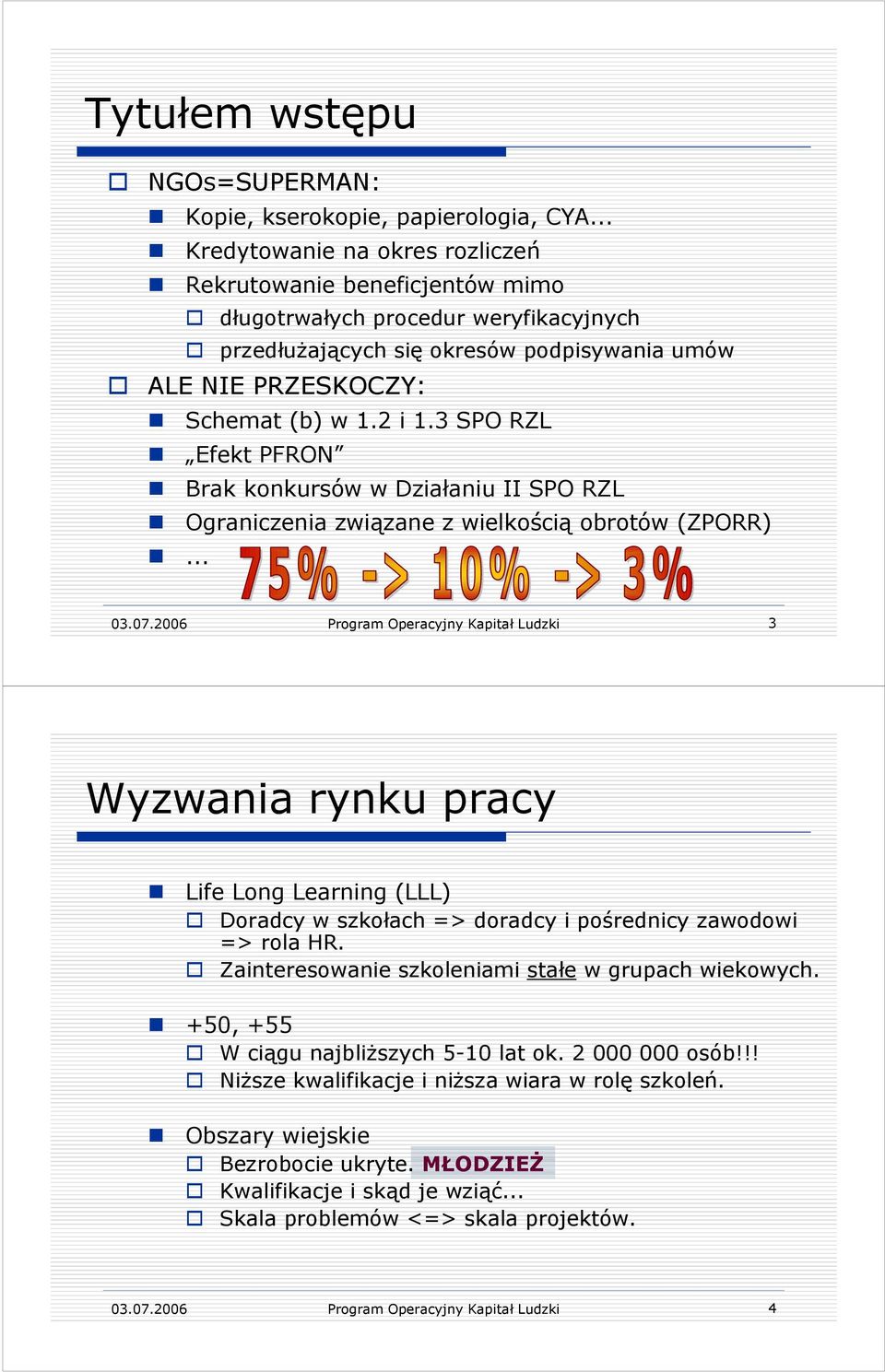 3 SPO RZL Efekt PFRON Brak konkursów w Działaniu II SPO RZL Ograniczenia związane z wielkością obrotów (ZPORR)... 03.07.
