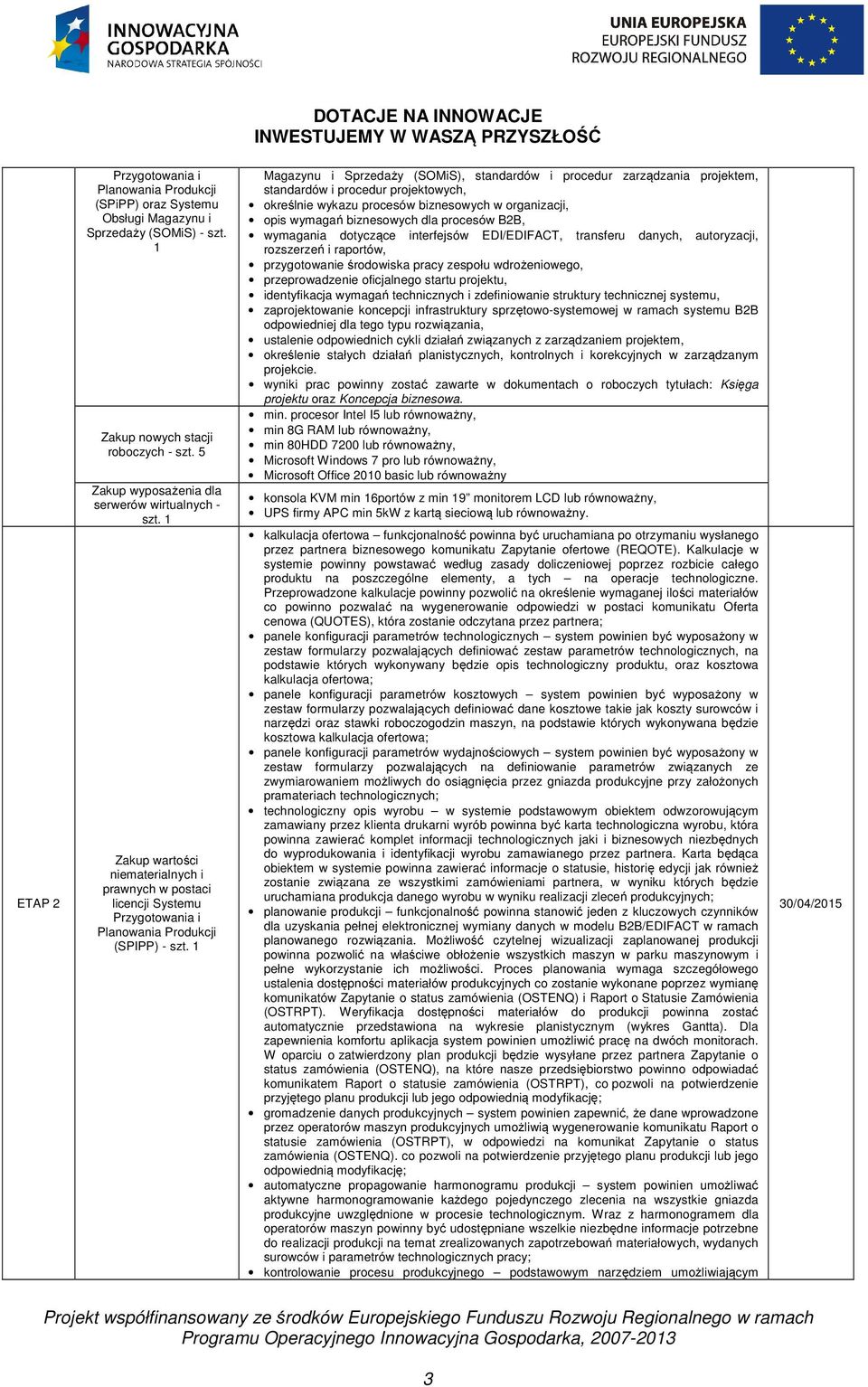 procesów B2B, wymagania dotyczące interfejsów EDI/EDIFACT, transferu danych, autoryzacji, rozszerzeń i raportów, przygotowanie środowiska pracy zespołu wdrożeniowego, przeprowadzenie oficjalnego