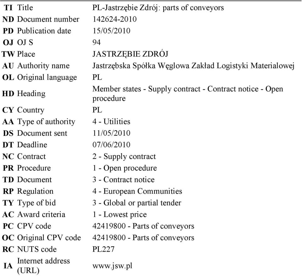 sent 11/05/2010 DT Deadline 07/06/2010 NC Contract 2 - Supply contract PR Procedure 1 - Open procedure TD Document 3 - Contract notice RP Regulation 4 - European Communities TY Type of bid 3 -