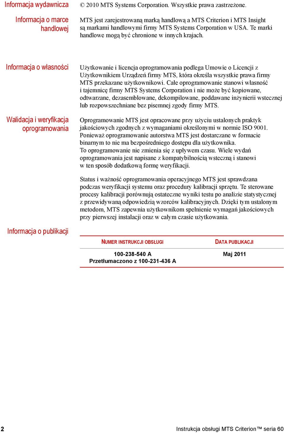 Informacja o własności Walidacja i weryfikacja oprogramowania Użytkowanie i licencja oprogramowania podlega Umowie o Licencji z Użytkownikiem Urządzeń firmy MTS, która określa wszystkie prawa firmy