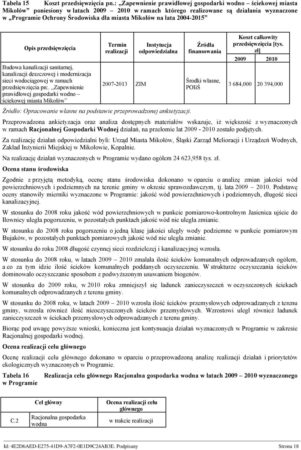 2004-2015 Opis przedsięwzięcia Budowa kanalizacji sanitarnej, kanalizacji deszczowej i modernizacja sieci wodociągowej w ramach przedsięwzięcia pn:.