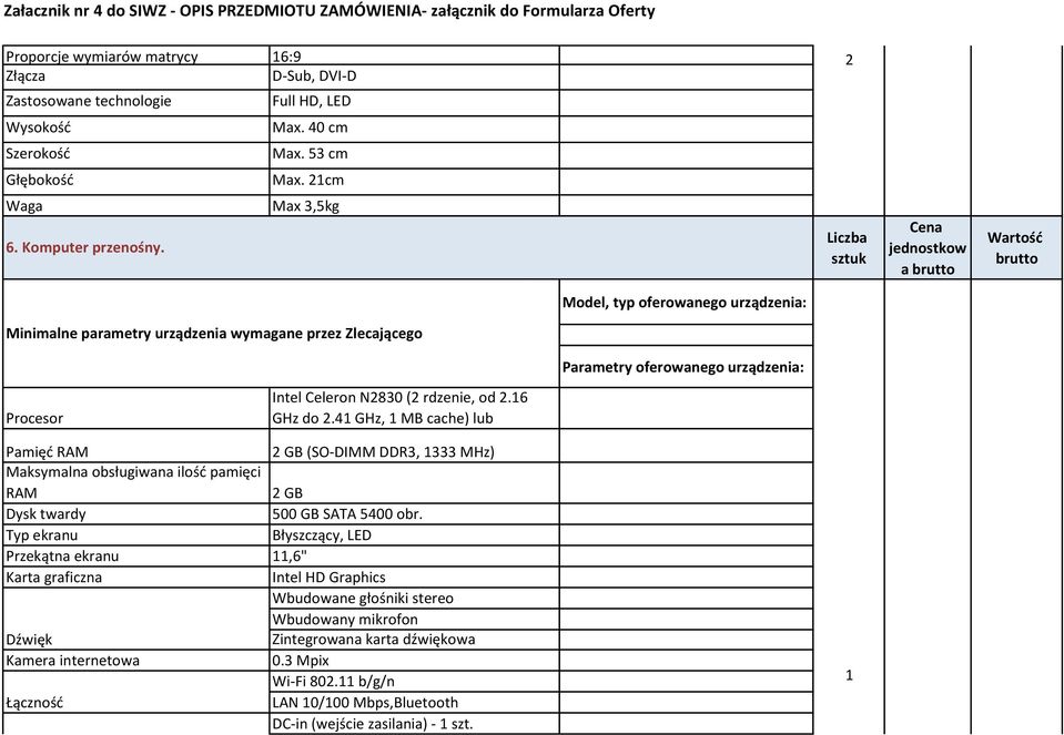 4 GHz, MB cache) lub Pamięć RAM 2 GB (SO-DIMM DDR3, 333 MHz) Maksymalna obsługiwana ilość pamięci RAM 2 GB Dysk twardy 500 GB SATA 5400 obr.