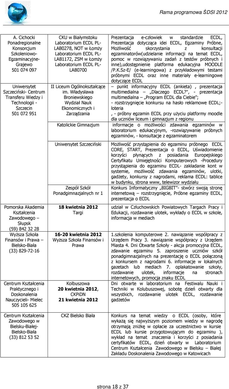 Kształcenia Zawodowego w Bielsku-Białej- Bielsko-Biała (33) 812 53 52 CKU w Białymstoku Laboratorium ECDL PL- LAB0278, NOT w Łomży Laboratorium ECDL PL- LAB1172, ZSM w Łomży Laboratorium ECDL PL-
