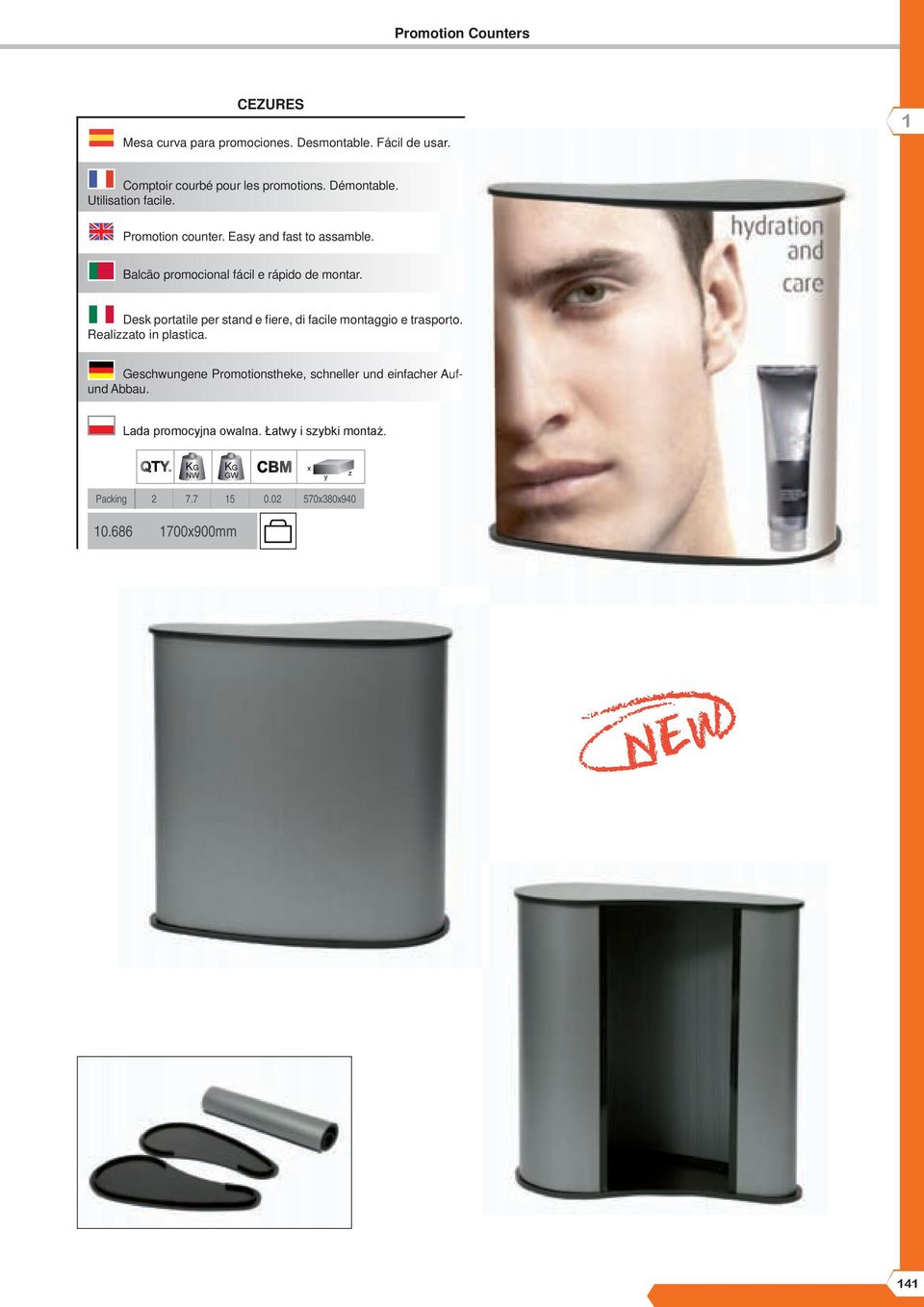 Desk portatile per stand e fiere, di facile montaggio e trasporto. Realizzato in plastica.