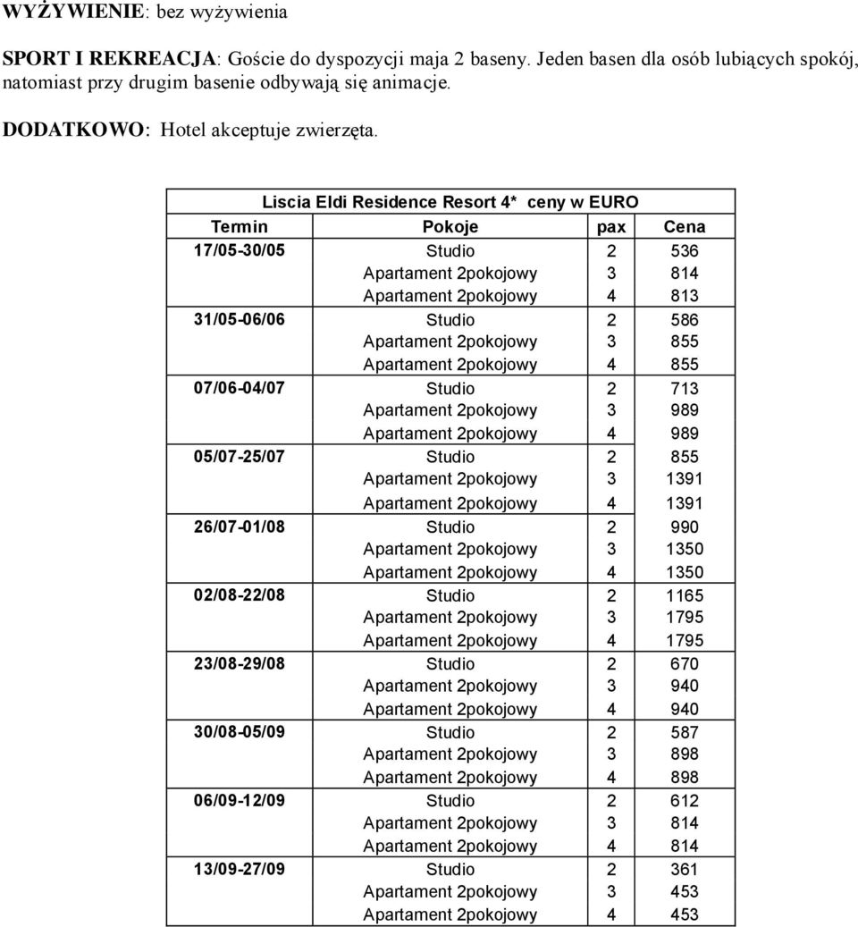 Liscia Eldi Residence Resort 4* ceny w EURO 17/05-30/05 Studio 2 536 Apartament 2pokojowy 3 814 Apartament 2pokojowy 4 813 31/05-06/06 Studio 2 586 Apartament 2pokojowy 3 855 Apartament 2pokojowy 4