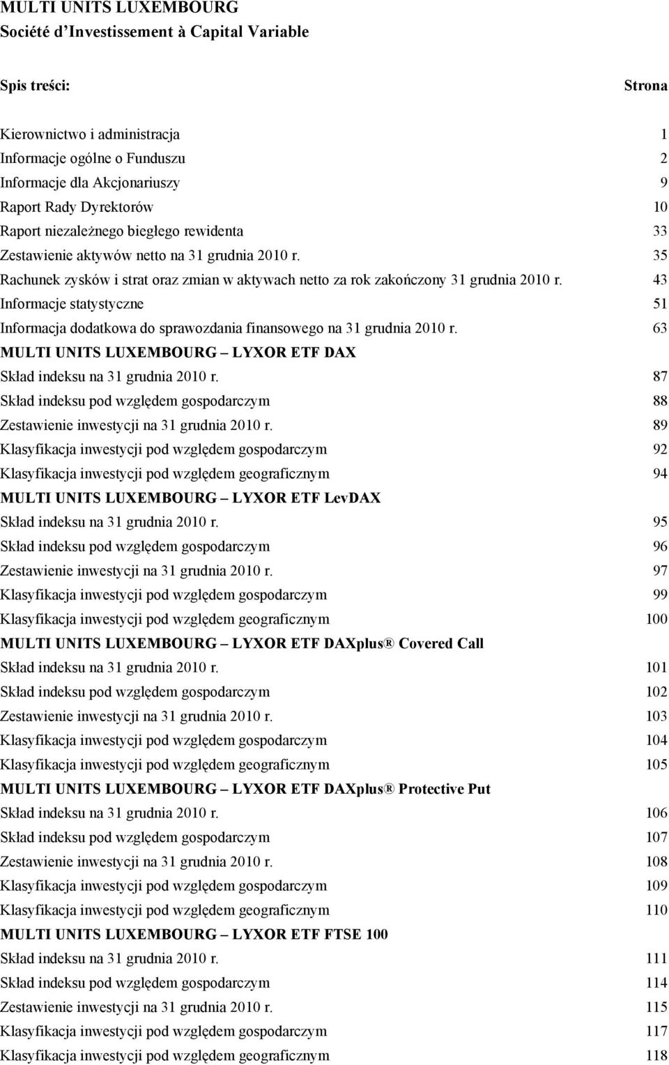 43 Informacje statystyczne 51 Informacja dodatkowa do sprawozdania finansowego na 31 grudnia 2010 r. 63 MULTI UNITS LUXEMBOURG LYXOR ETF DAX Skład indeksu na 31 grudnia 2010 r.