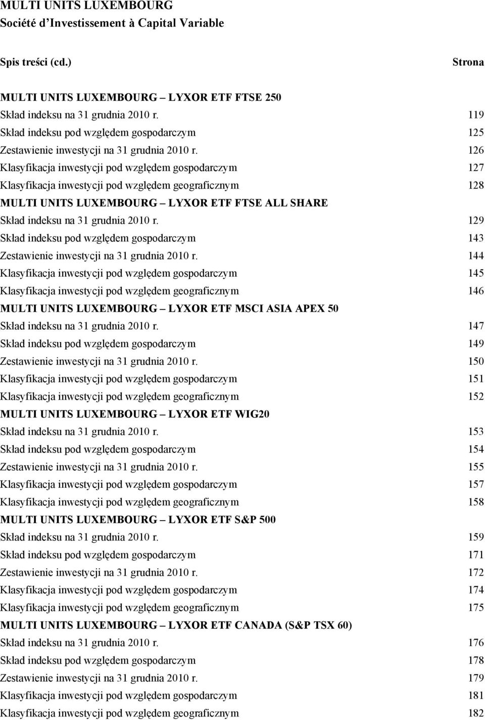 129 Skład indeksu pod względem gospodarczym 143 Zestawienie inwestycji na 31 grudnia 2010 r.