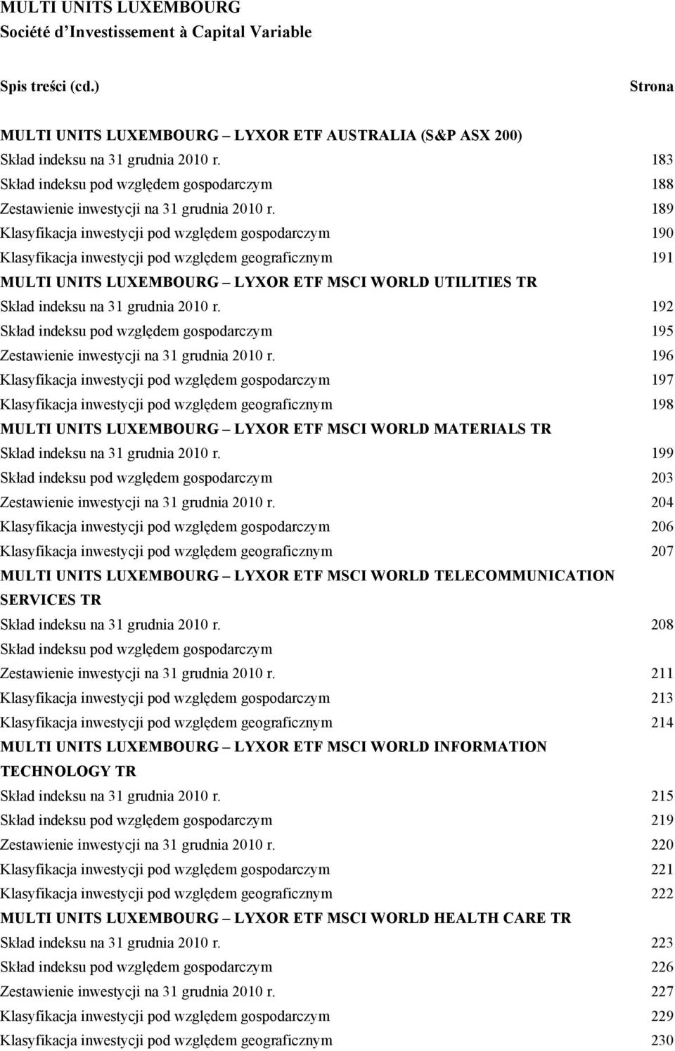 189 Klasyfikacja inwestycji pod względem gospodarczym 190 Klasyfikacja inwestycji pod względem geograficznym 191 MULTI UNITS LUXEMBOURG LYXOR ETF MSCI WORLD UTILITIES TR Skład indeksu na 31 grudnia