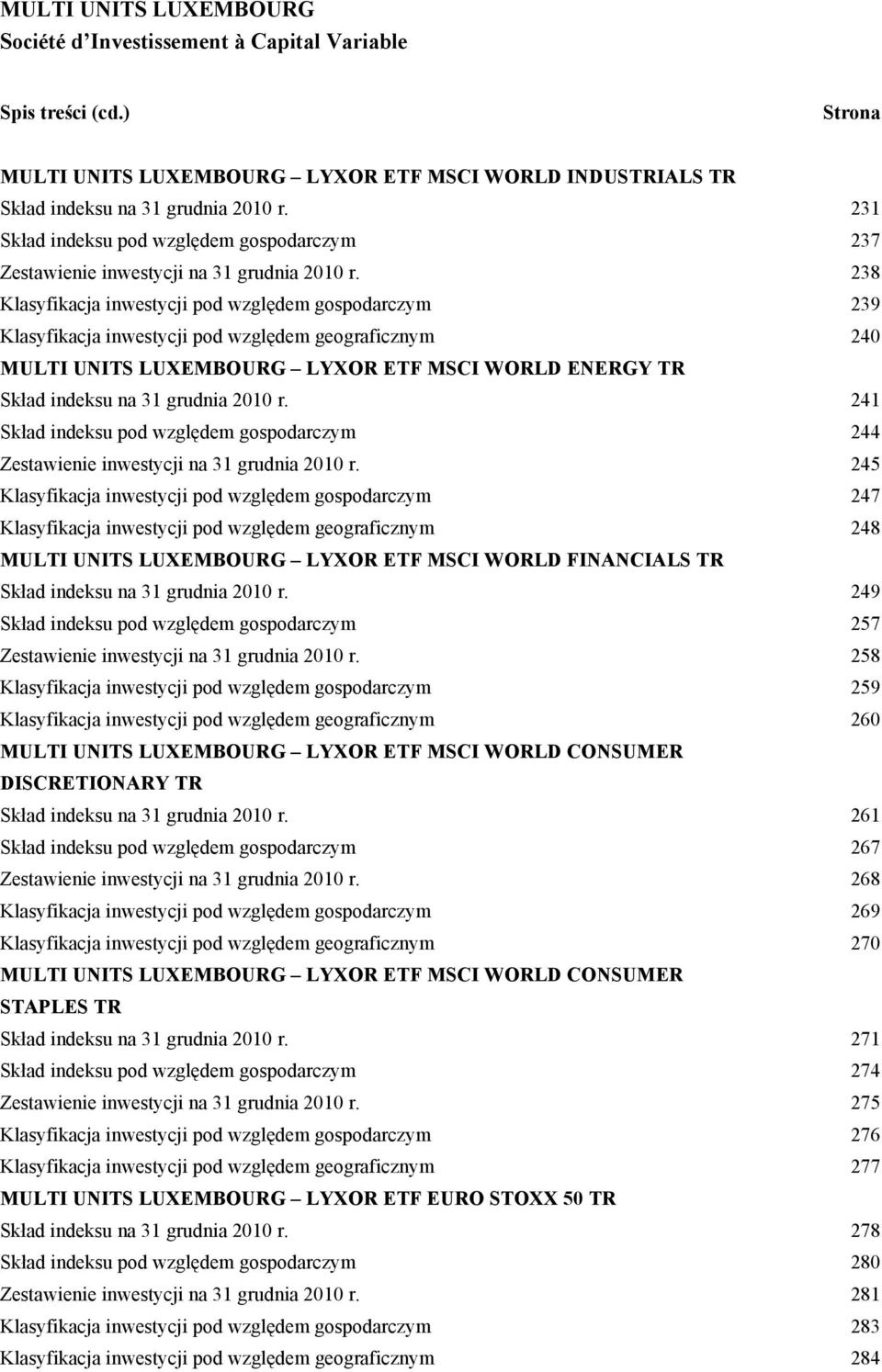 238 Klasyfikacja inwestycji pod względem gospodarczym 239 Klasyfikacja inwestycji pod względem geograficznym 240 MULTI UNITS LUXEMBOURG LYXOR ETF MSCI WORLD ENERGY TR Skład indeksu na 31 grudnia 2010