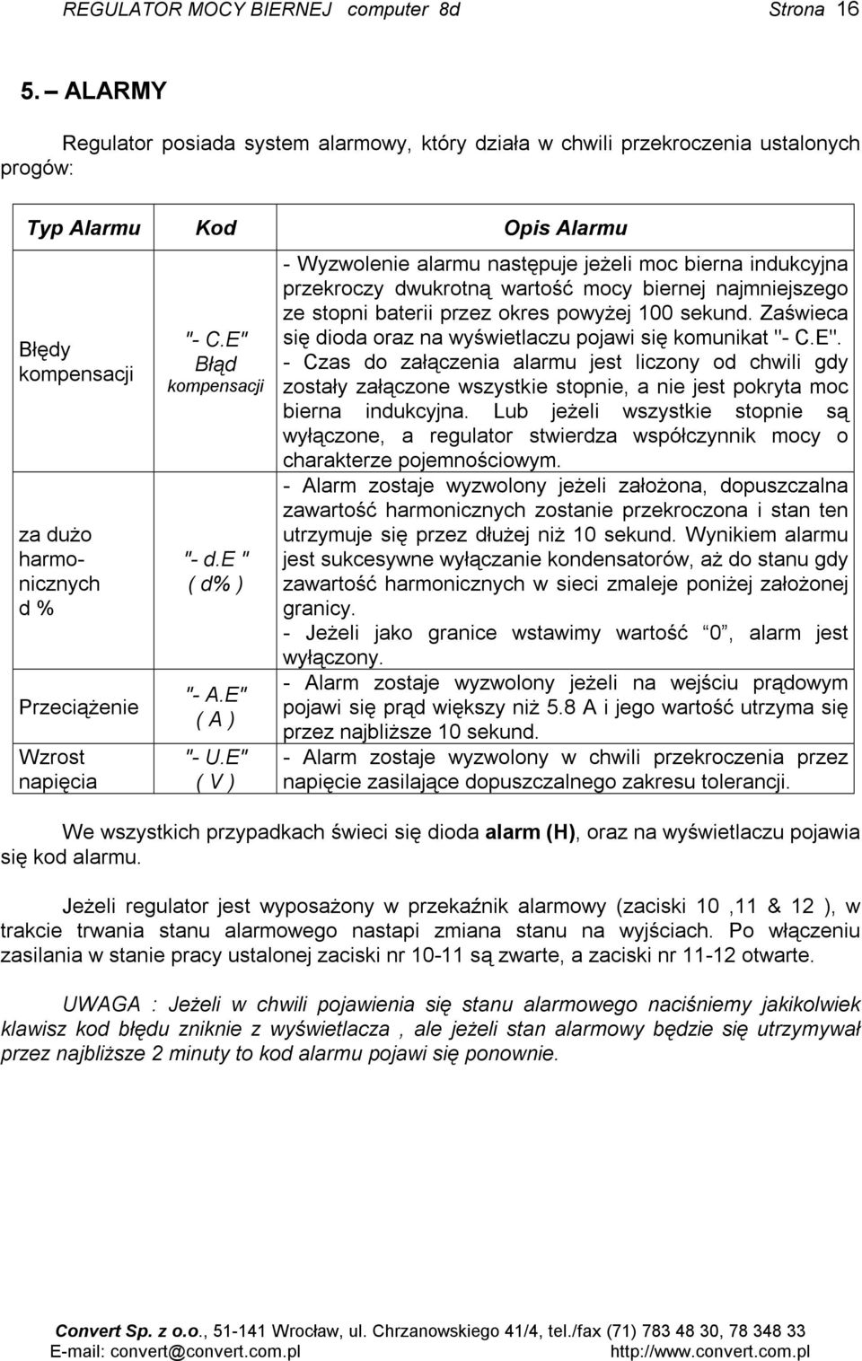 C.E" Błąd kompensacji "- d.e " ( d% ) "- A.E" ( A ) "- U.