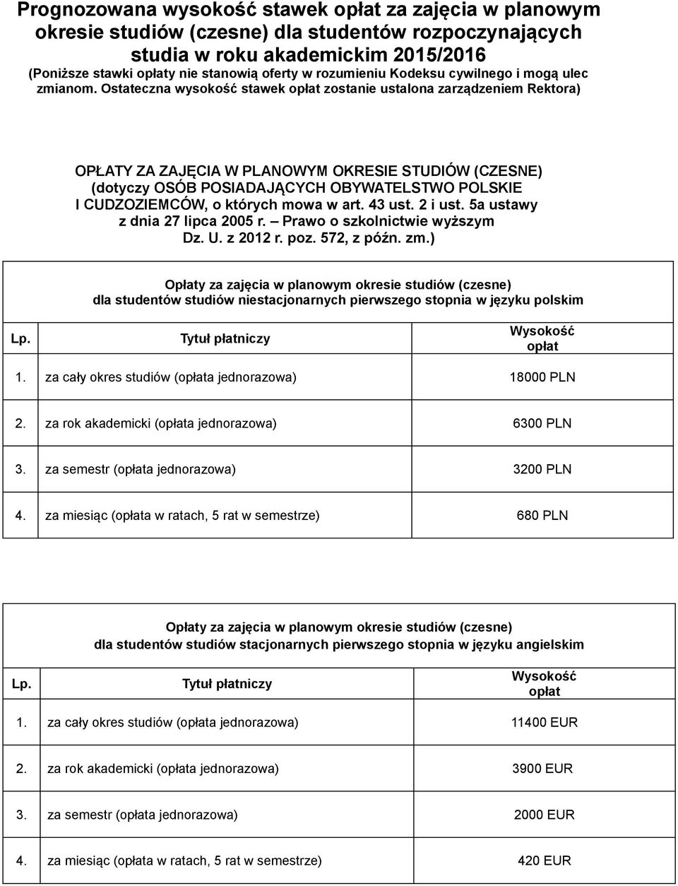 Ostateczna wysokość stawek zostanie ustalona zarządzeniem Rektora) OPŁATY ZA ZAJĘCIA W PLANOWYM OKRESIE STUDIÓW (CZESNE) (dotyczy OSÓB POSIADAJĄCYCH OBYWATELSTWO POLSKIE I CUDZOZIEMCÓW, o których