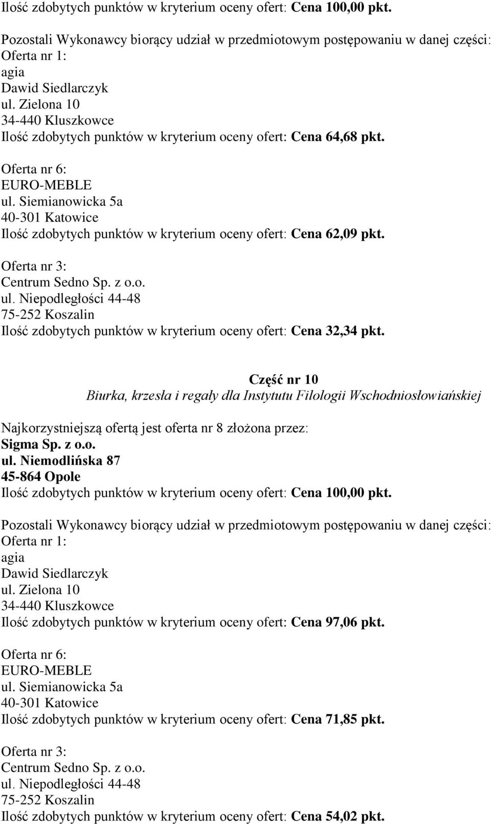 Ilość zdobytych punktów w kryterium oceny ofert: Cena 32,34 pkt.