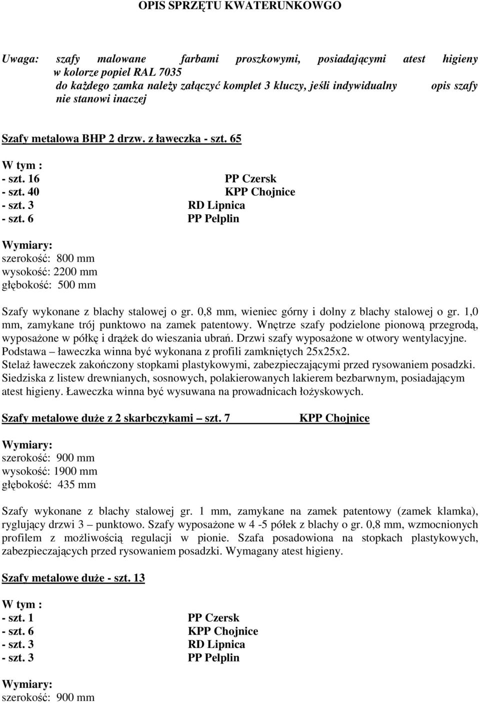 6 PP Pelplin szeroko: 800 mm wysoko: 2200 mm głboko: 500 mm Szafy wykonane z blachy stalowej o gr. 0,8 mm, wieniec górny i dolny z blachy stalowej o gr.