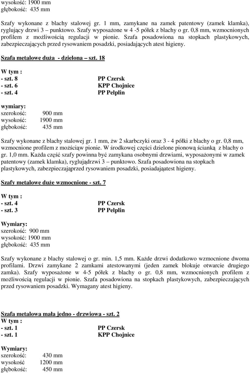 Szafa metalowe dua - dzielona szt. 18 - szt. 8 PP Czersk - szt. 6 KPP Chojnice - szt. 4 PP Pelplin wymiary: szeroko: wysoko: głboko: 900 mm 1900 mm 435 mm Szafy wykonane z blachy stalowej gr.