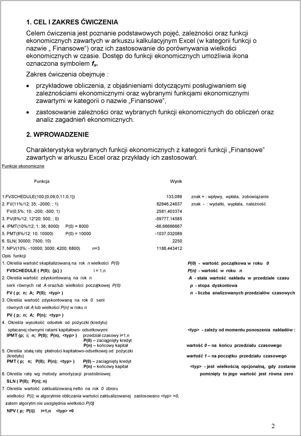 Zakres ćwiczeia obejmuje : Fukcje ekoomicze przykładowe obliczeia, z objaśieiami dotyczącymi posługiwaiem się zależościami ekoomiczymi oraz wybraymi fukcjami ekoomiczymi zawartymi w kategorii o azwie