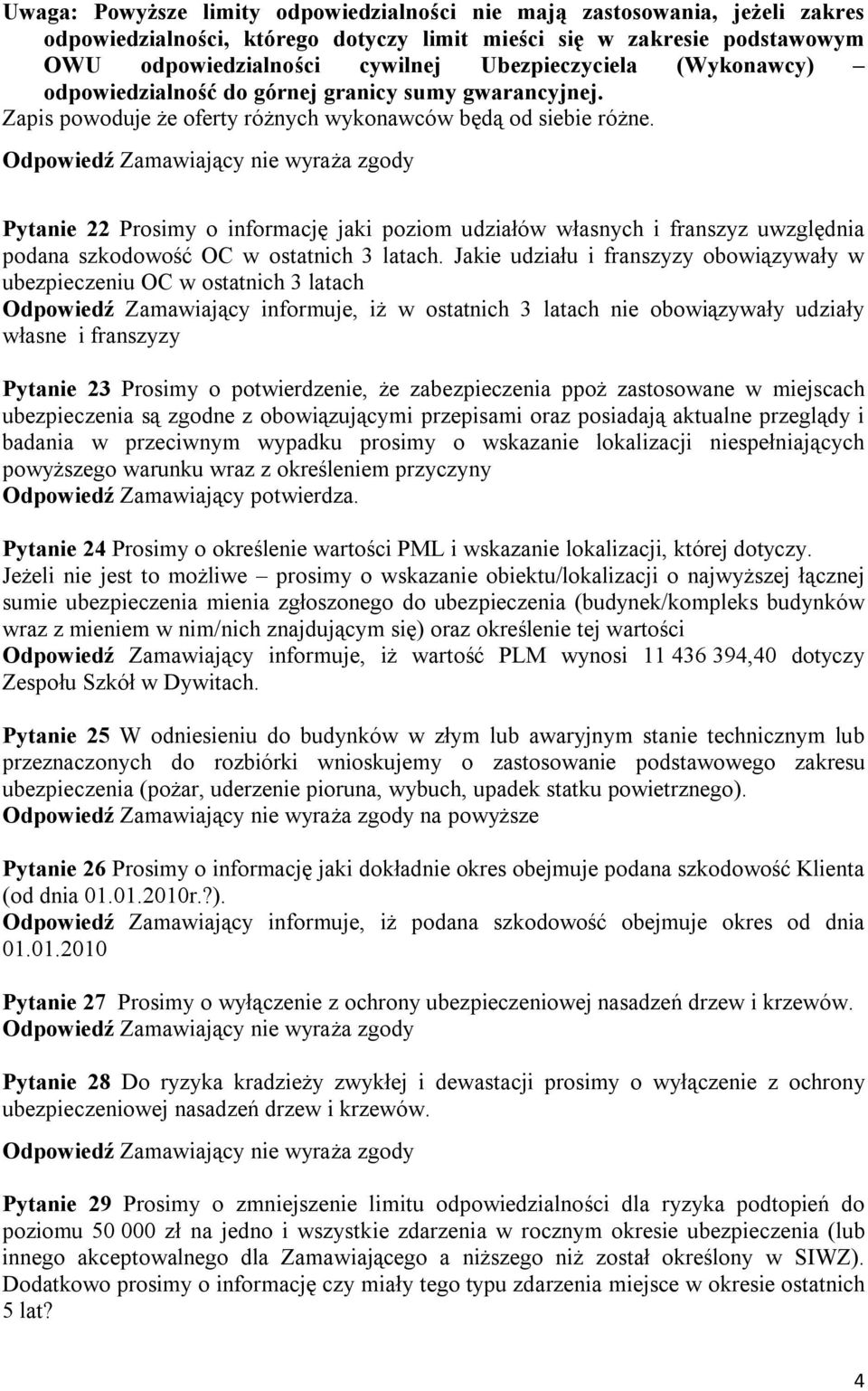 Pytanie 22 Prosimy o informację jaki poziom udziałów własnych i franszyz uwzględnia podana szkodowość OC w ostatnich 3 latach.