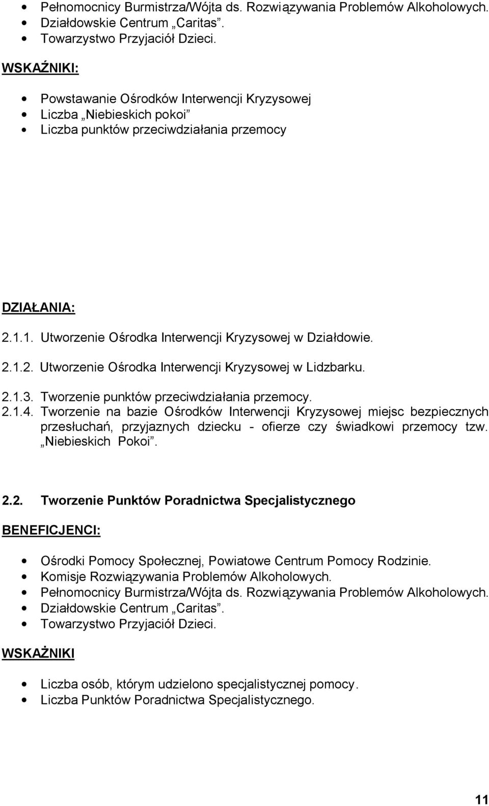 2.1.3. Tworzenie punktów przeciwdziałania przemocy. 2.1.4. Tworzenie na bazie Ośrodków Interwencji Kryzysowej miejsc bezpiecznych przesłuchań, przyjaznych dziecku - ofierze czy świadkowi przemocy tzw.