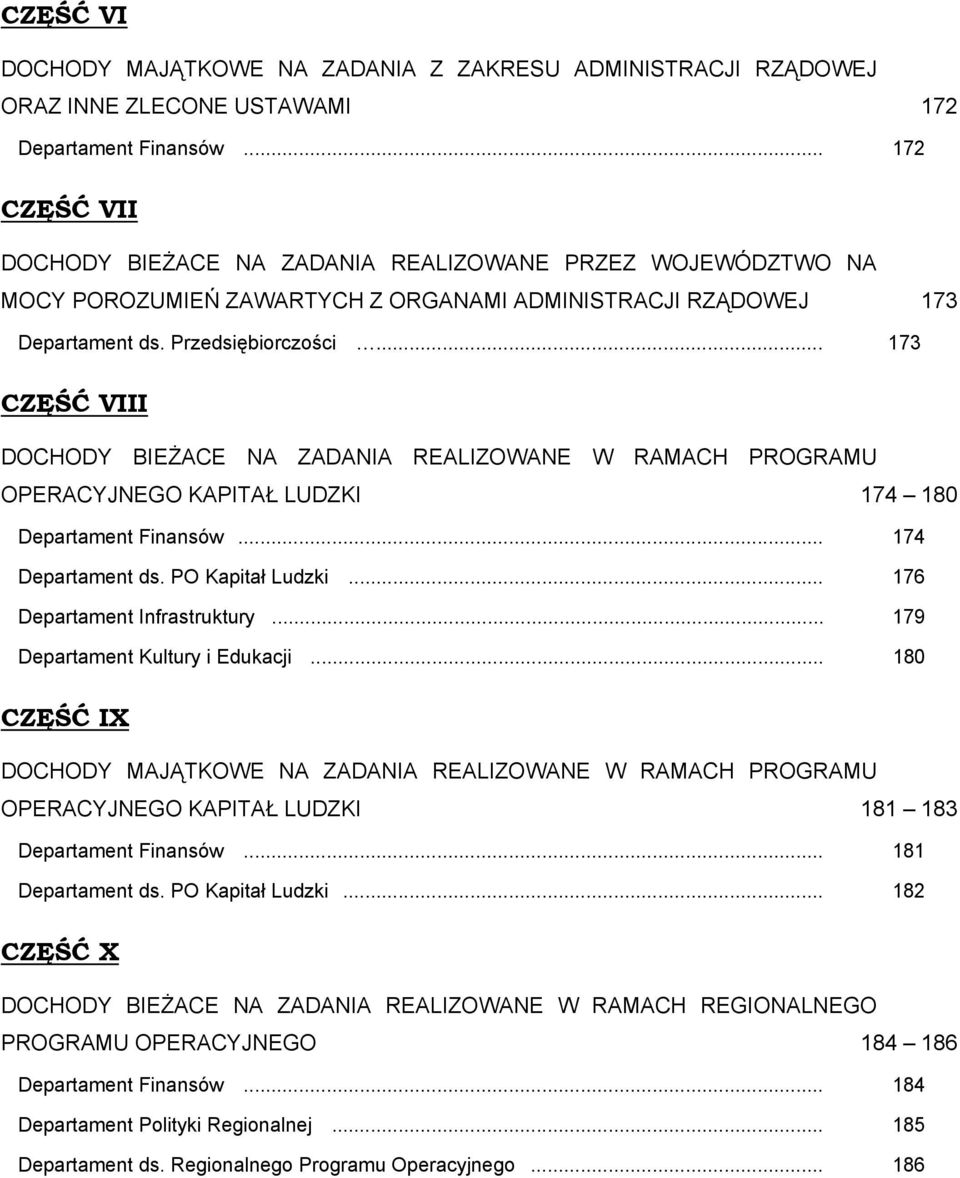 .. 173 CZĘŚĆ VIII DOCHODY BIEŻACE NA ZADANIA REALIZOWANE W RAMACH PROGRAMU OPERACYJNEGO KAPITAŁ LUDZKI 174 180 Departament Finansów... 174 Departament ds. PO Kapitał Ludzki.