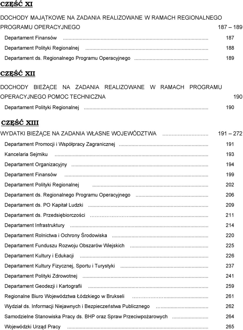.. 190 CZĘŚĆ XIII WYDATKI BIEŻĄCE NA ZADANIA WŁASNE WOJEWÓDZTWA... 191 272 Departament Promocji i Współpracy Zagranicznej... 191 Kancelaria Sejmiku... 193 Departament Organizacyjny.