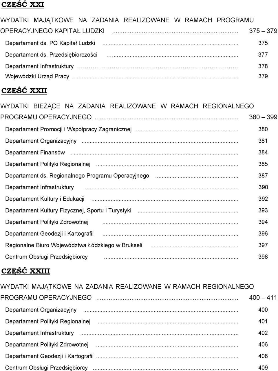 .. 380 399 Departament Promocji i Współpracy Zagranicznej... 380 Departament Organizacyjny... 381 Departament Finansów... 384 Departament Polityki Regionalnej... 385 Departament ds.