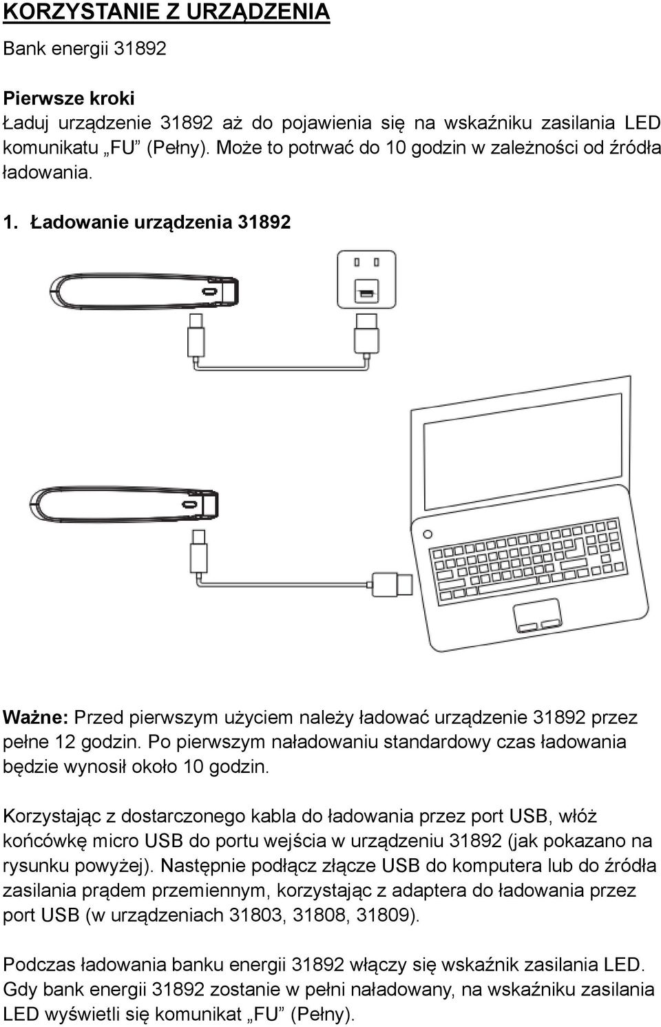 Po pierwszym naładowaniu standardowy czas ładowania będzie wynosił około 10 godzin.