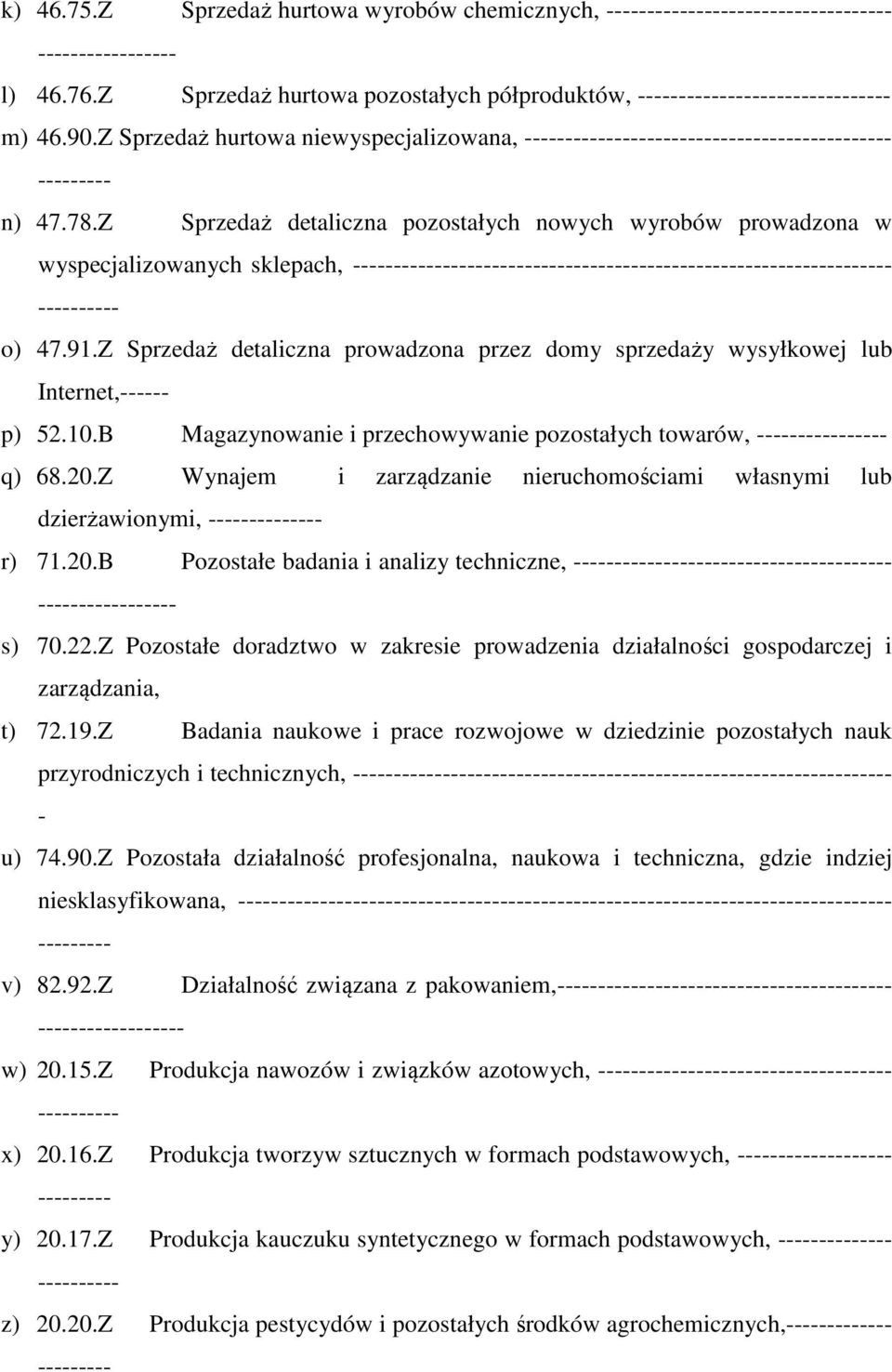 10.B Magazynowanie i przechowywanie pozostałych towarów, ------ q) 68.20.Z Wynajem i zarządzanie nieruchomościami własnymi lub dzierżawionymi, ---- r) 71.20.B Pozostałe badania i analizy techniczne, ------- s) 70.