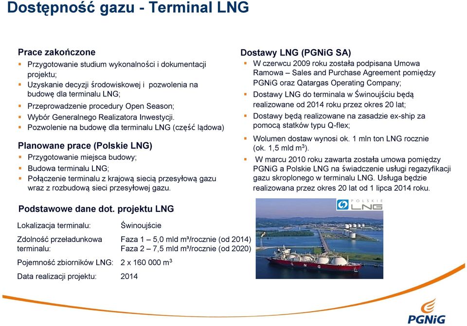 Pozwolenie na budowę dla terminalu LNG (część lądowa) Planowane prace (Polskie LNG) Przygotowanie miejsca budowy; Budowa terminalu LNG; Połączenie terminalu z krajową siecią przesyłową gazu wraz z