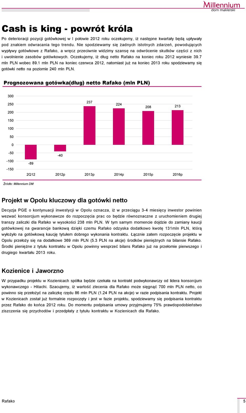 Oczekujemy, iż dług netto na koniec roku 212 wyniesie 39.7 mln PLN wobec 89.1 mln PLN na koniec czerwca 212, natomiast już na koniec 213 roku spodziewamy się gotçwki netto na poziomie 24 mln PLN.