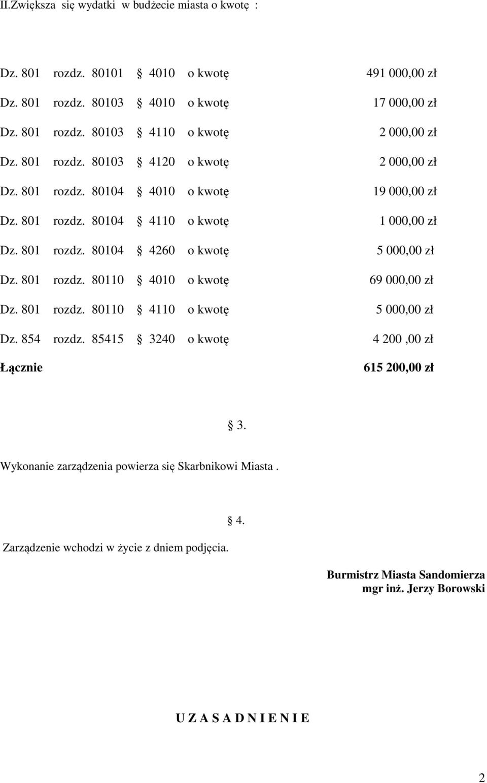 801 rozdz. 80110 4010 o kwotę 69 000,00 zł Dz. 801 rozdz. 80110 4110 o kwotę 5 000,00 zł Dz. 854 rozdz. 85415 3240 o kwotę 4 200,00 zł Łącznie 615 200,00 zł 3.