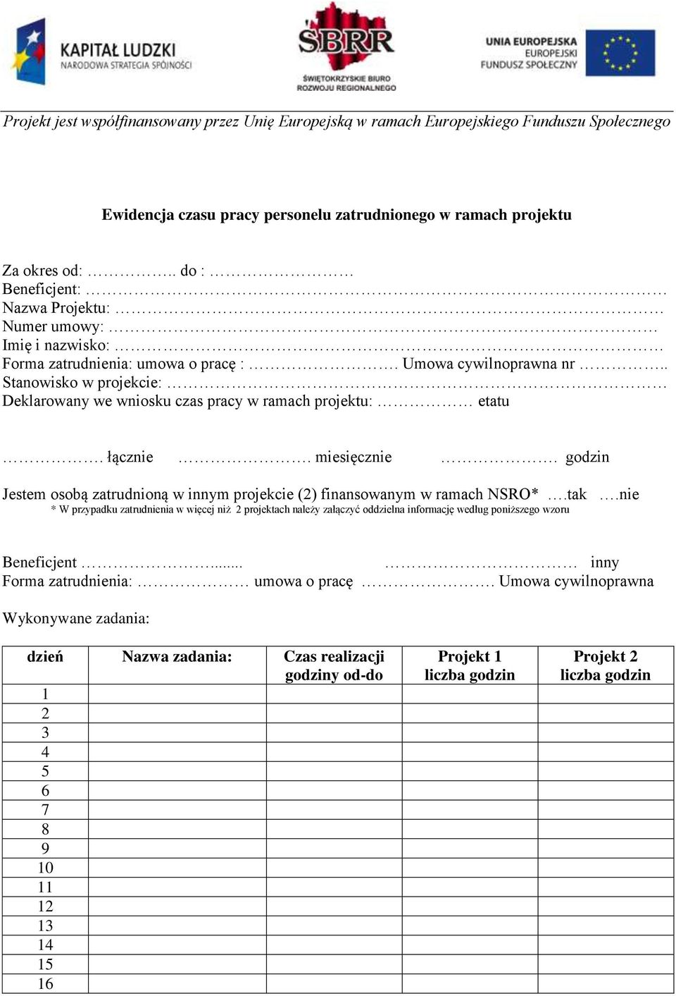 godzin Jestem osobą zatrudnioną w innym projekcie (2) finansowanym w ramach NSRO*.tak.