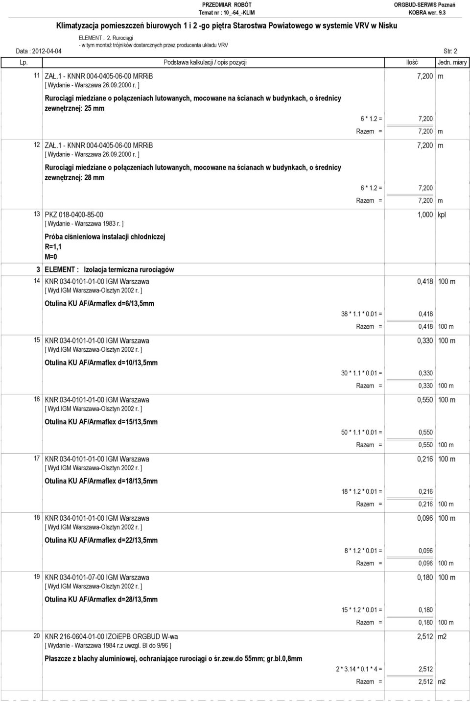 ] Próba ciśnieniowa instalacji chłodniczej R=1,1 M=0 3 ELEMENT : Izolacja termiczna rurociągów 14 KNR 034-0101-01-00 IGM Warszawa 0,418 100 m Otulina KU AF/Armaflex d=6/13,5mm 38 * 1.1 * 0.