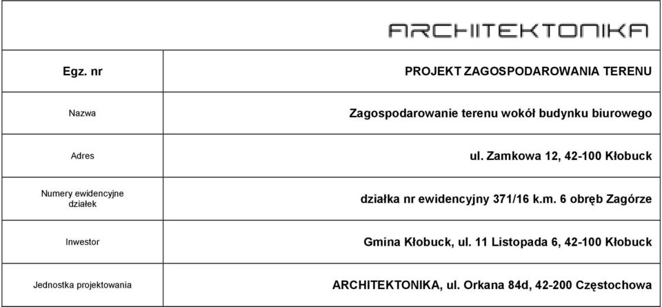 Zamkowa 12, 42-100 Kłobuck Numery ewidencyjne działek działka nr ewidencyjny 371/16 k.