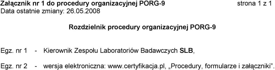 2008 Rozdzielnik procedury organizacyjnej PORG-9 Egz. nr 1 Egz.