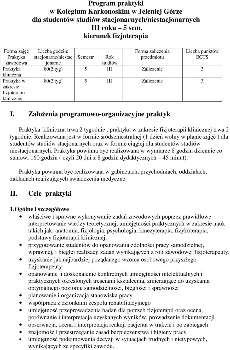 przedmiotu 80(2 tyg) 5 III Zaliczenie 3 Liczba punktów ECTS 80(2 tyg) 5 III Zaliczenie 3 I.