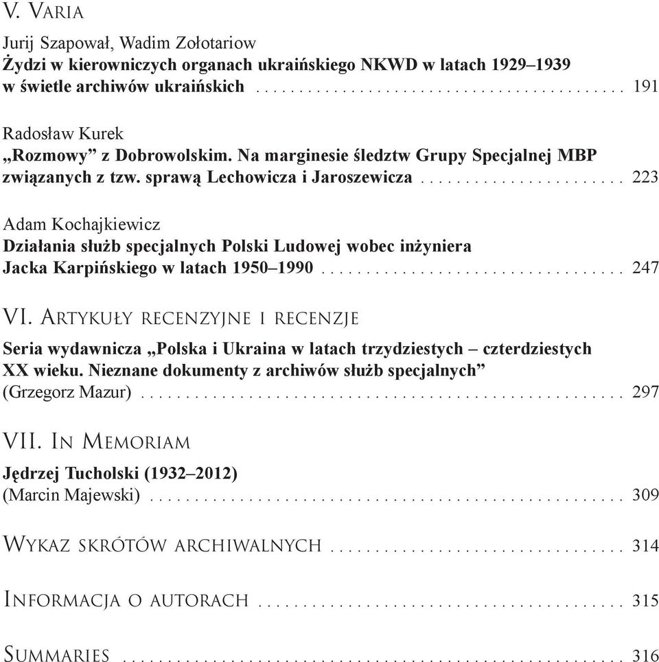 ...................... 223 Adam Kochajkiewicz Działania służb specjalnych Polski Ludowej wobec inżyniera Jacka Karpińskiego w latach 1950 1990.................................. 247 VI.