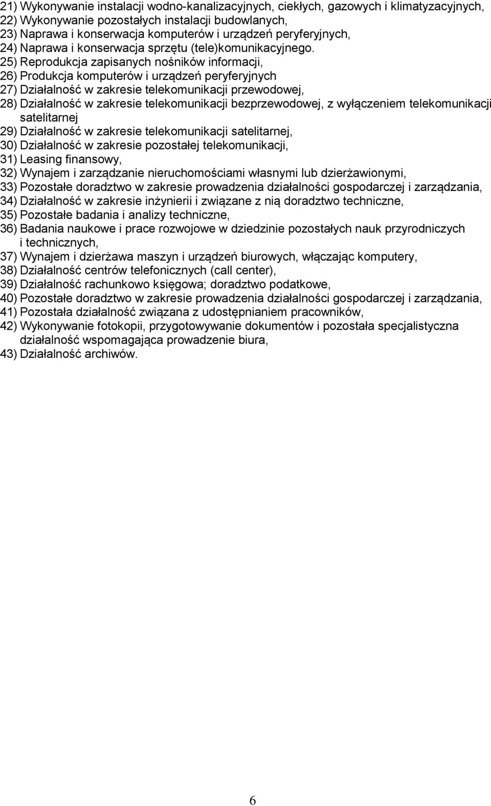 25) Reprodukcja zapisanych nośników informacji, 26) Produkcja komputerów i urządzeń peryferyjnych 27) Działalność w zakresie telekomunikacji przewodowej, 28) Działalność w zakresie telekomunikacji