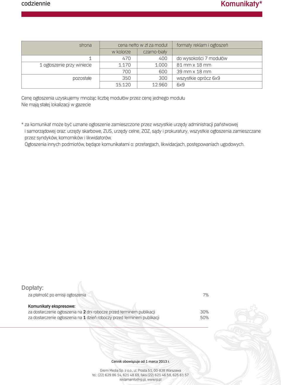 960 6x9 Cenę ogłoszenia uzyskujemy mnożąc liczbę modułów przez cenę jednego modułu Nie mają stałej lokalizacji w gazecie * za komunikat może być uznane ogłoszenie zamieszczone przez wszystkie urzędy