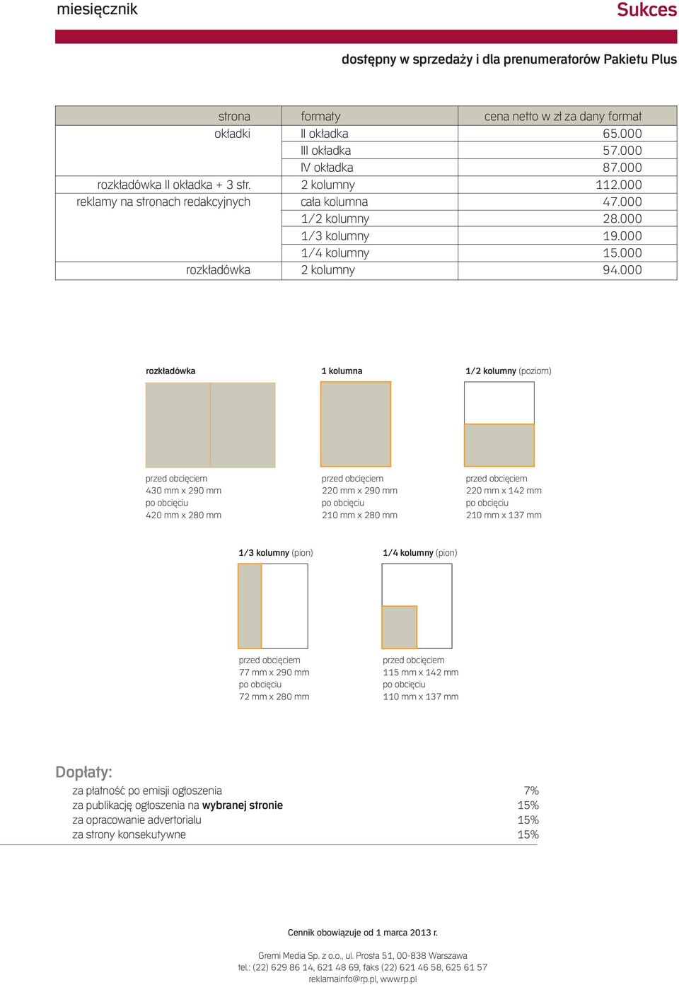 000 rozkładówka 1 kolumna 1/2 kolumny (poziom) przed obcięciem 430 mm x 290 mm po obcięciu 420 mm x 280 mm przed obcięciem 220 mm x 290 mm po obcięciu 210 mm x 280 mm przed obcięciem 220 mm x 142 mm