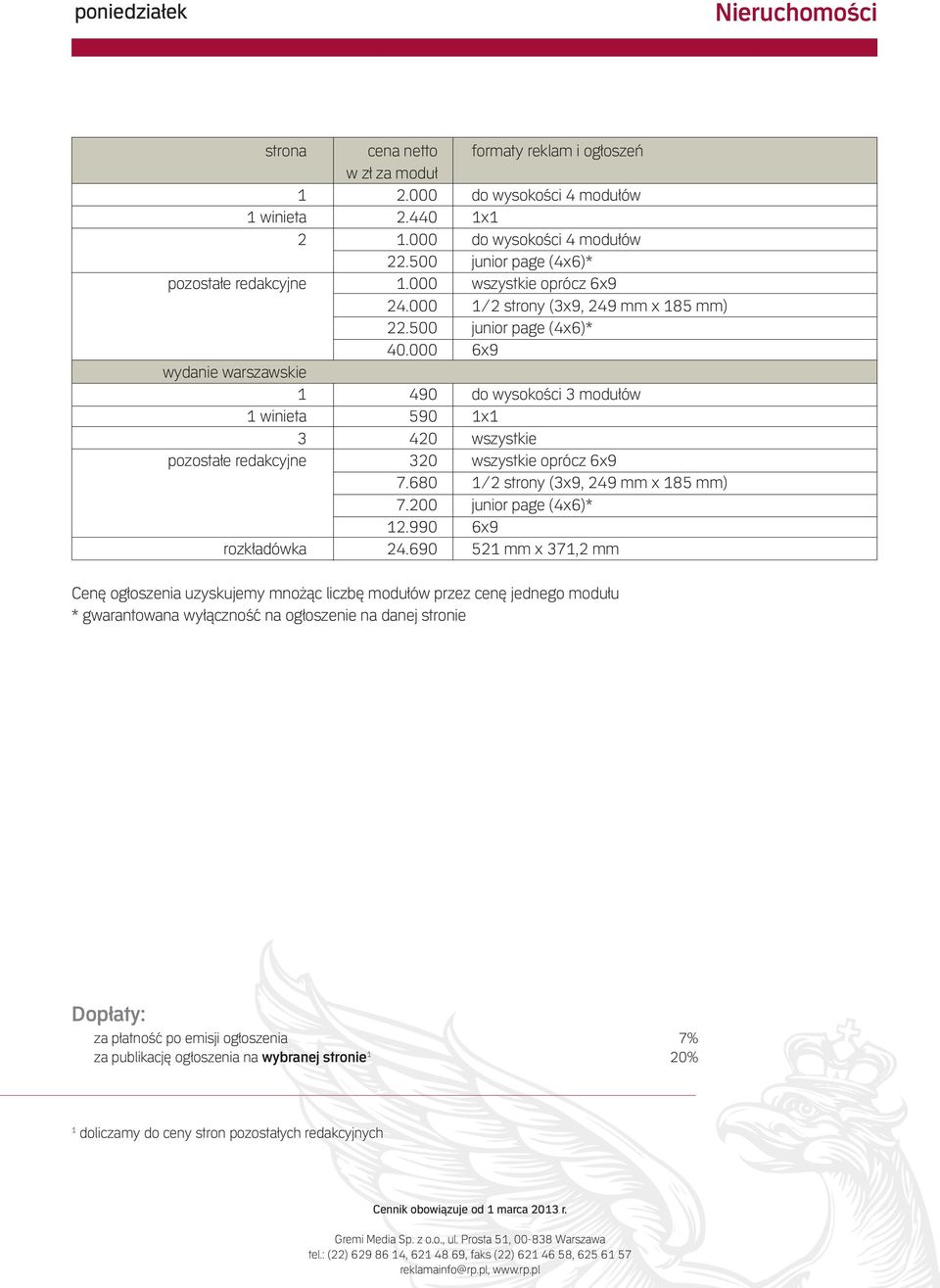 000 6x9 wydanie warszawskie 1 490 do wysokości 3 modułów 1 winieta 590 1x1 3 420 wszystkie pozostałe redakcyjne 320 wszystkie oprócz 6x9 7.680 1/2 strony (3x9, 249 mm x 185 mm) 7.