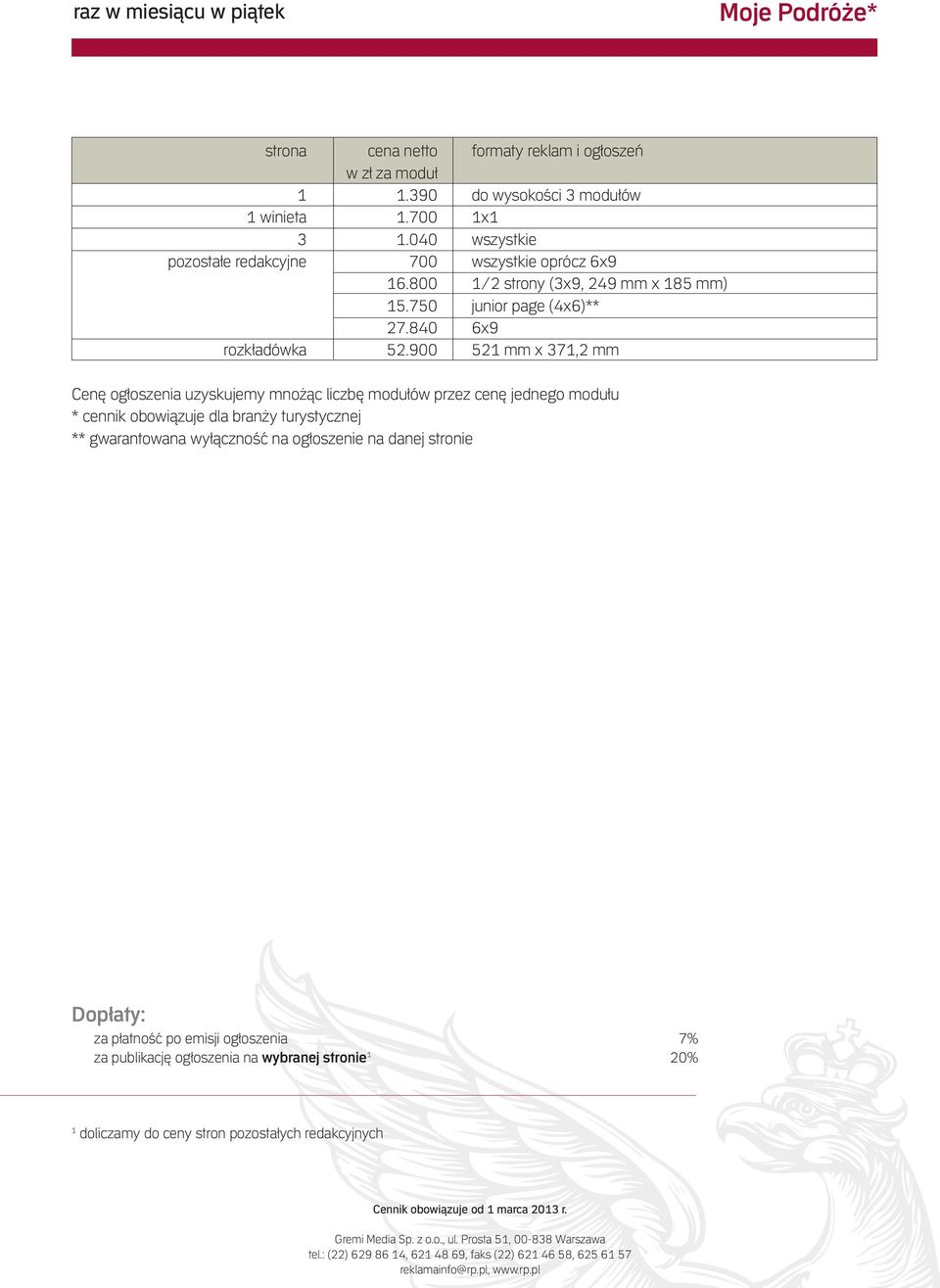 900 521 mm x 371,2 mm Cenę ogłoszenia uzyskujemy mnożąc liczbę modułów przez cenę jednego modułu * cennik obowiązuje dla branży turystycznej ** gwarantowana