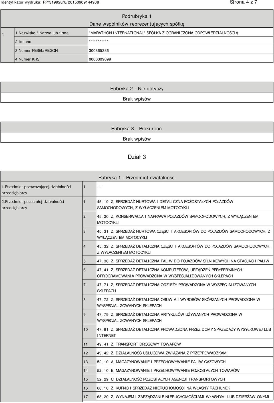 Przedmiot pozostałej działalności przedsiębiorcy 1 --- 1 45, 19, Z, SPRZEDAŻ HURTOWA I DETALICZNA POZOSTAŁYCH POJAZDÓW SAMOCHODOWYCH, Z WYŁĄCZEM MOTOCYKLI 2 45, 20, Z, KONSERWACJA I NAPRAWA POJAZDÓW