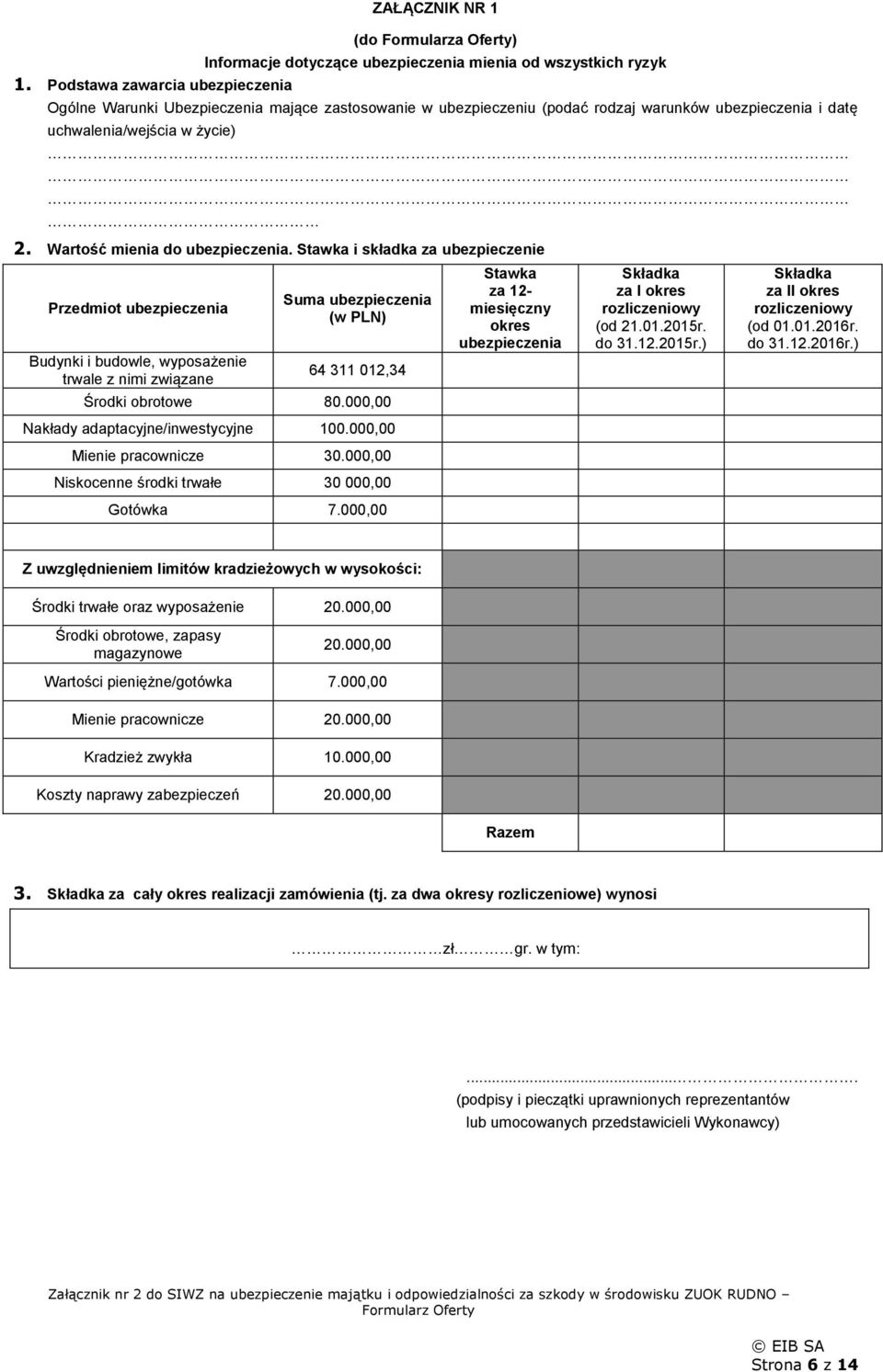 Stawka i składka za ubezpieczenie Przedmiot Budynki i budowle, wyposażenie trwale z nimi związane Suma (w PLN) 64 311 012,34 Środki obrotowe 80.000,00 Nakłady adaptacyjne/inwestycyjne 100.