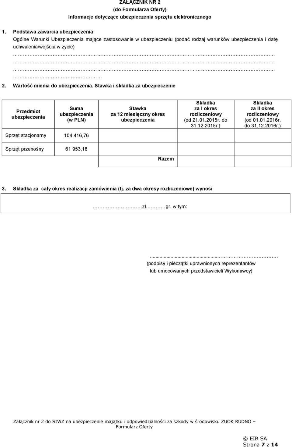 Wartość mienia do. Stawka i składka za ubezpieczenie Przedmiot Suma (w PLN) Stawka za 12 miesięczny okres za I okres (od 21.01.2015r.