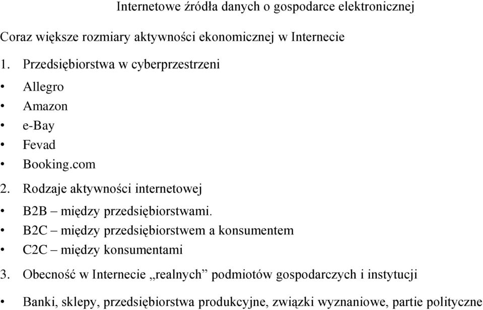 Rodzaje aktywności internetowej B2B między przedsiębiorstwami.