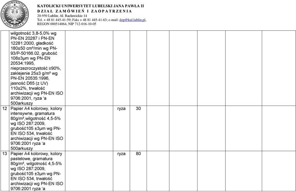 20535:1996, 110±2%, trwałość 9706:2001, ryza a 12 Papier A4 kolorowy, kolory intensywne, gramatura