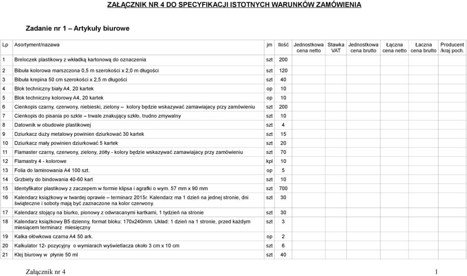 Blok techniczny biały A4, 20 kartek op 10 5 Blok techniczny kolorowy A4, 20 kartek op 10 6 Cienkopis czarny, czerwony, niebieski, zielony kolory będzie wskazywać zamawiajacy przy zamówieniu szt 200 7