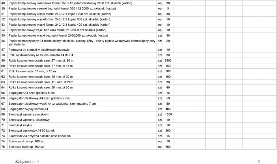 składek (karton) op 30 52 Papier komputerowy wąskiformat 240/12 2 kopie/ 600 szt. składek (karton) op 50 53 Papier komputerowy wąski format 240/12 3 kopie/ 400 szt.